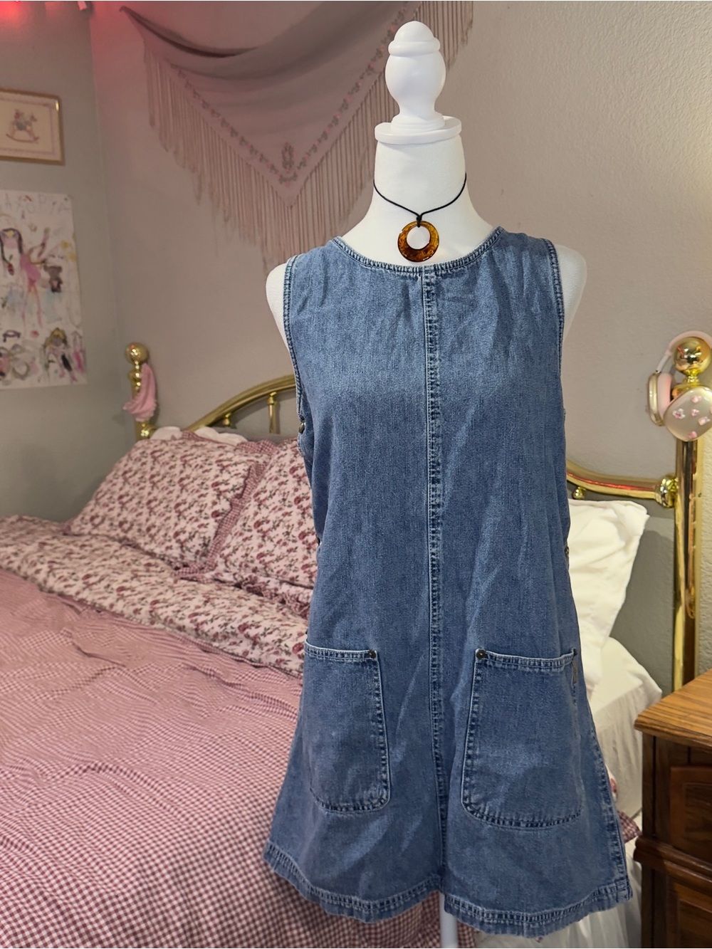 Vintage Sleeveless Blue Denim Pocket Shift Dress